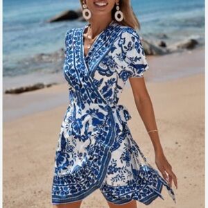 Blue Floral Wrap Mini Dress sz XL